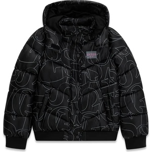 GUESS Късо яке за момиче в черен цвят с бели детайли и розов надпис Guess