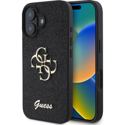 GUESS Гръб Guess PU Fixed Glitter 4G Metal Logo Case за iPhone 16 - Черен (3666339328443)