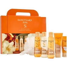 Sanctuary Spa Signature Pamper Parcel sprchový gel 75 ml + tělový peeling 50 ml + tělové mléko 75 ml + krém na ruce 30 ml + pěna do koupele 75 ml + mycí houba, kosmetická sada