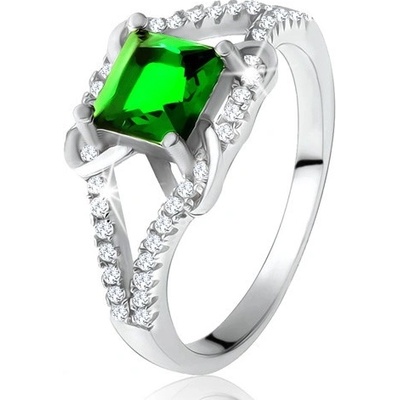Šperky eshop prsten ze stříbra 925 čtvercový zelený zirkon rozdvojená ramena X T18.11