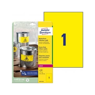 Etikety polyesterové veľmi odolné 210x297mm Avery A4 žlté 20 hárkov