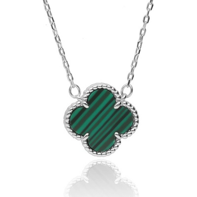 Argento Stříbrný náhrdelník - čtyřlístek, syntetický kámen zelený malachit 92093