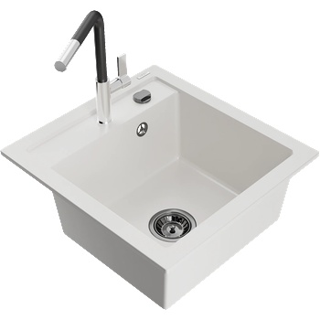 Mexen Vito гранитна кухненска мивка 1-коморна с кухненски смесител Flora, бяла - 6503-20-670401-07-B (6503-20-670401-07-B)
