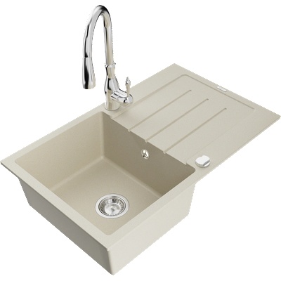 Mexen Bruno гранитна кухненска мивка с 1 отделение и отцедник и кухненски смесител Savita, бежов - 6513-69-672601-00 (6513-69-672601-00)