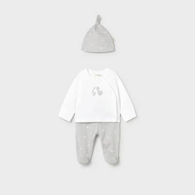 Mayoral Сет ританки Сребрист цвят, бяла блуза и сива шапка за новородено бебе Mayoral