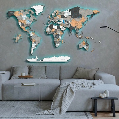 Plnofarebná LED podsvietená drevená mapa sveta Angličtina L - 120 cm Mist