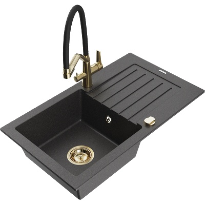 Mexen Pablo гранитна мивка с 1 отделение и отцедник и кухненски смесител Duo, черен на пръски - 6510-76-671701-57-G (6510-76-671701-57-G)