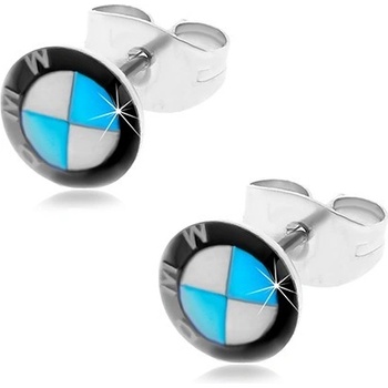 Šperky eshop okrúhle oceľové náušnice čierno-bielo-modré logo automobilky puzetky V13.16