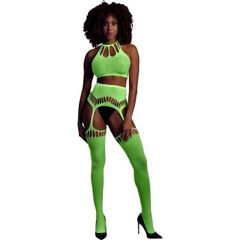 Ouch! Glow in the Dark Two Piece with Crop Top and Stockings Neon Green S/M/L