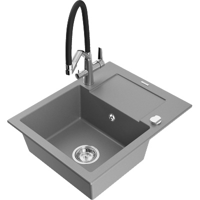 Mexen Enzo кухненска мивка от гранит с една камера и отцедник с кухненски смесител Duo, сив - 6506-71-671701-07 (6506-71-671701-07)
