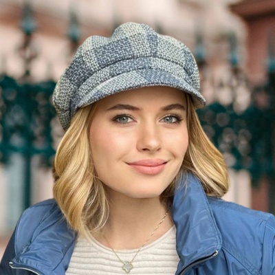 Krumlovanka Podzimní dámská čepice s kšiltem osmidílná bekovka modro-šedý tvíd Me-B58