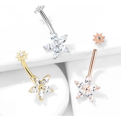 Šperky eshop ocelový piercing do břicha květina s čirým zirkonem vnitřní závit Z05.14 měděná