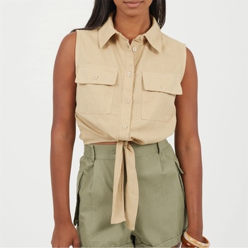 Brave Soul Womens Sleeveless Collared Top with Tie Detail - Sand