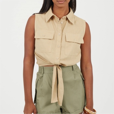 Brave Soul Womens Sleeveless Collared Top with Tie Detail - Sand