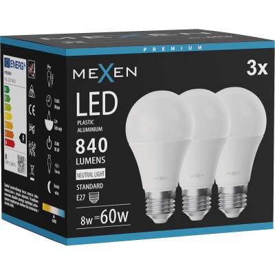 Mexen Nova 3x LED крушка E27, A60, 8W, Неутрална - 4000K, 840 lm - L100-E27-0840-01x03 (L100-E27-0840-01x03)