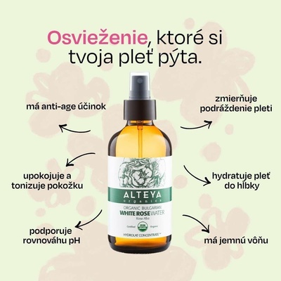 Alteya Růžová voda z bílé růže bio v skle 240 ml