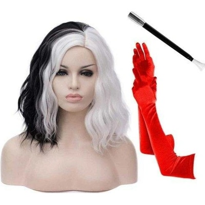 Dámská paruka Morticia, 14", kudrnaté, krátké, vlnité, s boční částí, barevná, zábavná, Halloween,