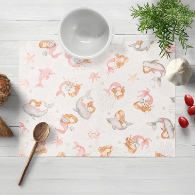 Biante bavlna prostírání Sandra SA-527 Růžové mořské panny s delfíny a velrybami na bílém 35x45cm