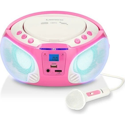 Přenosné FM rádio CD MP3 USB Mikrofon a světelné efekty Růžová barva Lenco SCD 650PK