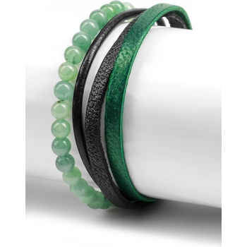 Base Мъжки комплект гривни от естествена кожа и декоративни мъниста - Черно-Зелен 20230901021 (404558_Черно)