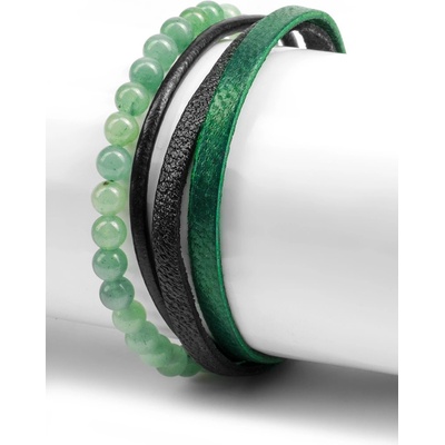 Base Мъжки комплект гривни от естествена кожа и декоративни мъниста - Черно-Зелен 20230901021 (404558_Черно)