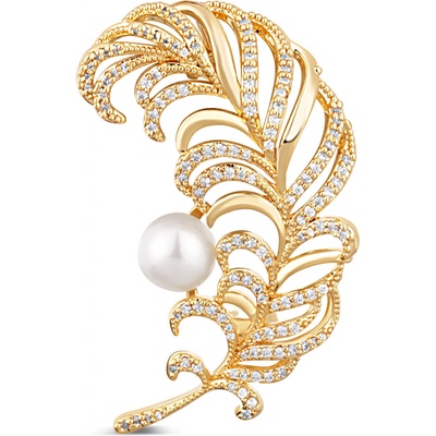 JwL Luxury Pearls krásna pozlátená brošňa 2v1 v tvare pierka JL0731