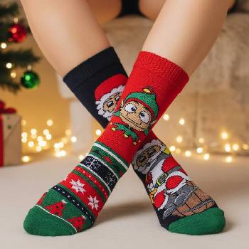 Комплект дамски коледни термо чорапи с Дядо Коледа и елф