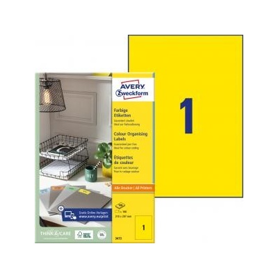 Etikety farebné 210x297mm Avery A4 100 hárkov žlté
