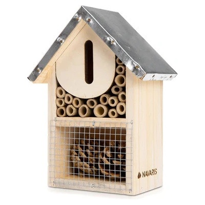 Navaris S Wooden Insect Hotel - 15 x 8 x 20 cm - Garden Shelter Bamboo Nesting Habitat for Bees, Butt