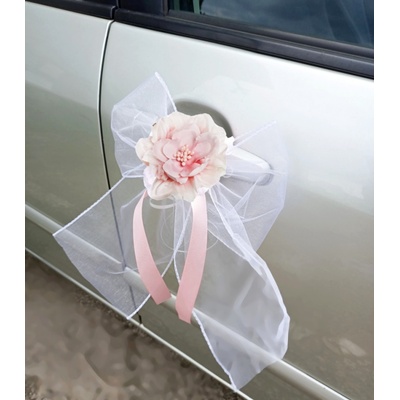 Mašlička dekorační bílá s LUX růžičkou - 2ks - pudrově růžová – Sleviste.cz