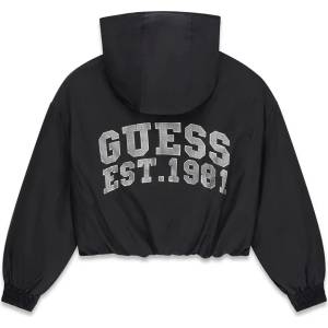 GUESS Преходно късо черно яке за момиче с качулка и голям надпис на гърба Guess