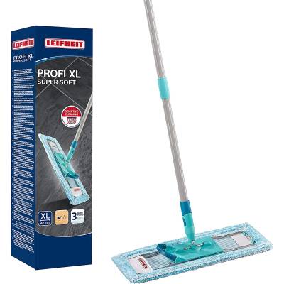 Leifheit back-friendly floor mop Profi XL super Soft, steel handle 146 cm, mop with foot click, mop cover for parquet and cork, 360° swivel joint, click system, environmentally friendly cardboard - 55457