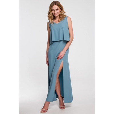 Elegantní dlouhé šaty s volným topem a rozparkem modrá