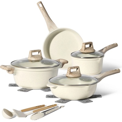 Just Perfecto Комплект тенджери и тигани Just Perfecto JL-31, 12 ч, Отливка, Мраморно покритие, Индукция, Аксесоари, Бежов (JL-31 beige)