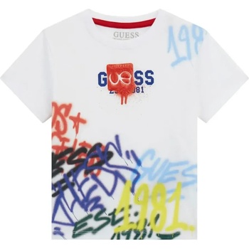 GUESS Интересна тениска в бял цвят за мини момче с цветни графити и детайли Guess