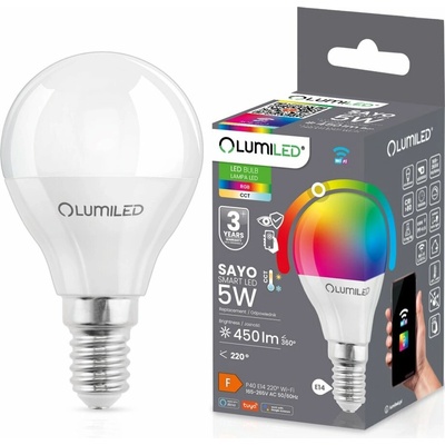 Lumiled LED žiarovka E14 P40 Bulb 5W = 40W 450lm RGB CCT Stmievateľná Smart TUYA WiFi SMART SAYO