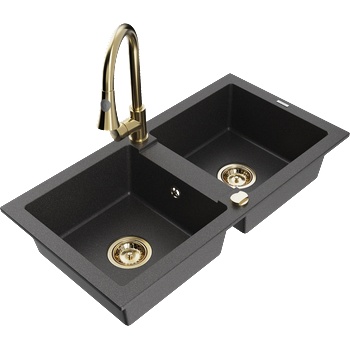 Mexen Mario гранитна мивка с 2 камери с кухненски смесител Elia, черен напетна - 6504-76-670101-50 (6504-76-670101-50)