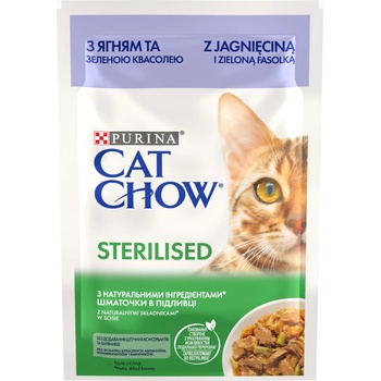 Cat Chow Паучове за котки purina cat chow sterilised, за кастрирани котки над 1 година с агне и зелен фасул - кг
