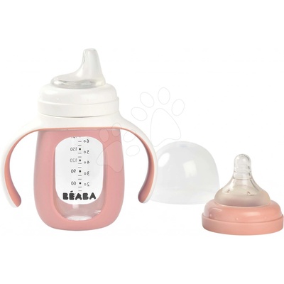 Beaba Láhev Bidon na učení pití 2v1 Learning Bottle Pink s růžovým silikonovým obalem 210 ml