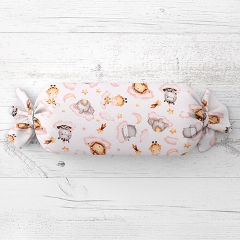 Biante vankúš valec bonbon Sandra SA-658 Africké zvieratká na ružových obláčikoch na bielom 15x40