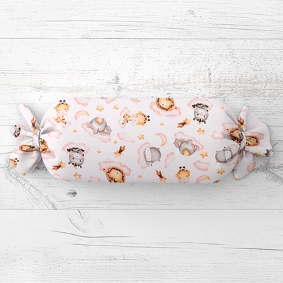 Biante vankúš valec bonbon Sandra SA-658 Africké zvieratká na ružových obláčikoch na bielom 15x40