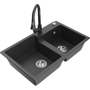 Mexen Tomas двоен кухненски гранитен мивка с батерия Elia, черен на пръски - 6516-76-670101-76 (6516-76-670101-76)