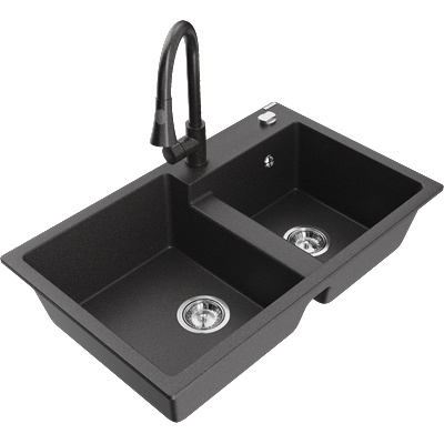 Mexen Tomas двоен кухненски гранитен мивка с батерия Elia, черен на пръски - 6516-76-670101-76 (6516-76-670101-76)