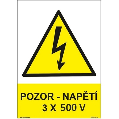 DUKO POZOR - NAPĚTÍ 3 X 500 V Formát: 148 x 210 mm, Materiál: plast 0,5 mm, samolepící vinylová fólie
