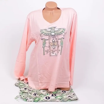 Макси памучна пижама в прасковено и зелено