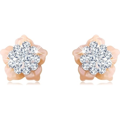 Šperky eshop zlaté náušnice květ s krystaly Swarovski růžové perleťové okvětní lístky puzetky S1GG45.12