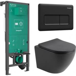 Rune Комплект казанче за WC с вграждаща рамка Hansgrohe iFrame 112 см и бутон iFrame Original Q, матово черно, плюс тоалетна чиния Rune Ivaldi с капак softclose (01022180+66001670+5940541330424)