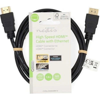 Nedis CVGL34060BK150 ultra HD HDMI кабел, HDMI щепсел - щепсел, 4K60Hz, ARC, 18 Gbps, позлатени конектори, дължина 15 м (CVGL34060BK150)