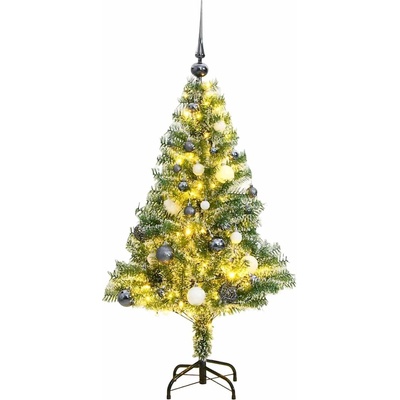 vidaXL Изкуствена коледна елха, 150 LED, топки и флокиран сняг, 120 см (3210099)