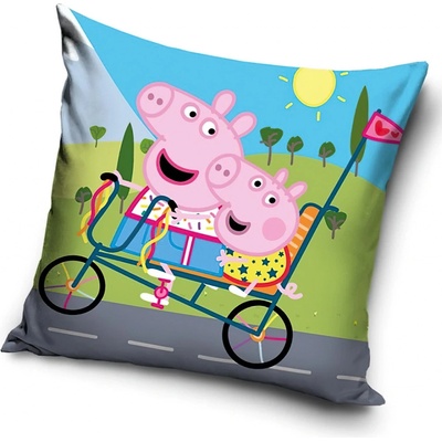 Carbotex polštář PRASÁTKO PEPINA VÝLET NA KOLE (PEPPA) zeleno-modrý 40x40